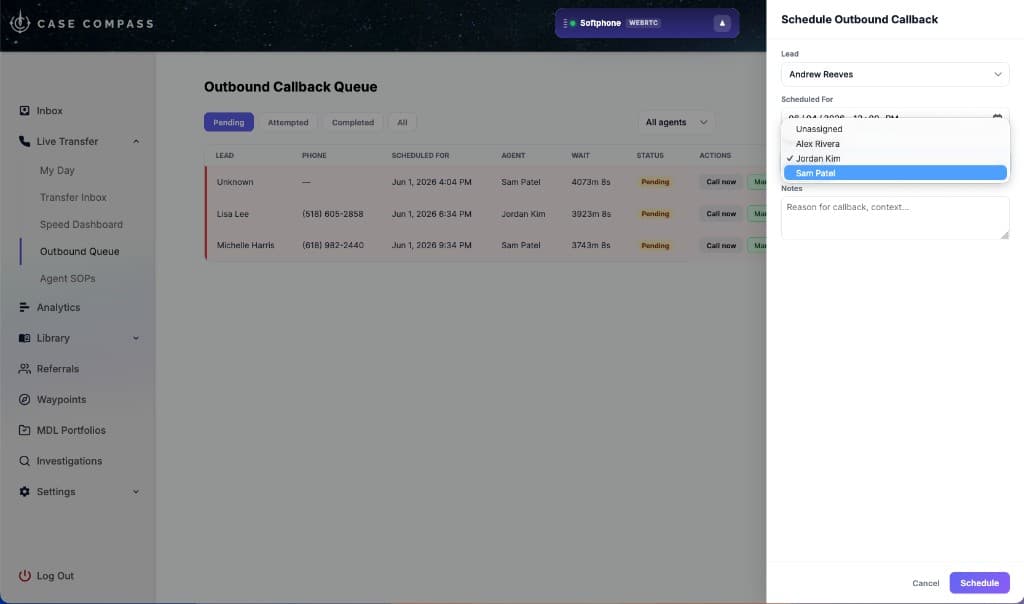 Case Compass Outbound Callback Queue showing Pending tab with Lisa Lee and Michelle Harris callbacks, Schedule Outbound Callback modal open with lead selector, scheduled date and time, agent dropdown showing Alex Rivera, Jordan Kim, and Sam Patel options, and notes field