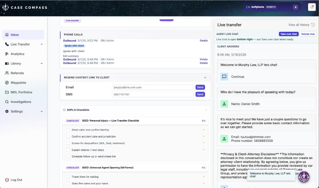 Case Compass lead profile showing live transfer panel with agent live chat, client answers from chatbot, phone call history with recordings, and SOPs and checklists embedded inline