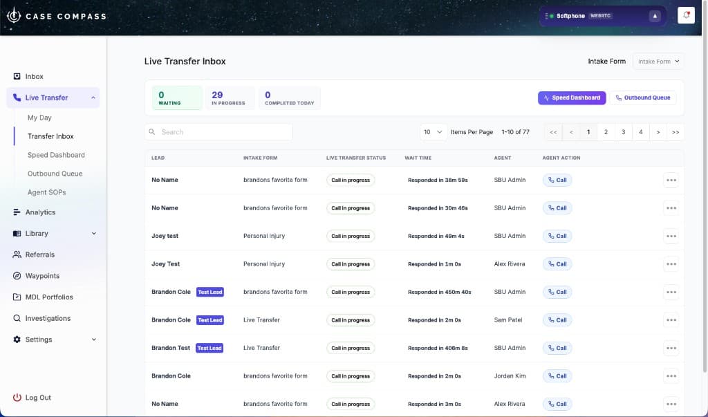 Case Compass Live Transfer Inbox showing real-time queue with 29 in-progress transfers, wait times, agent assignments, and one-click call actions