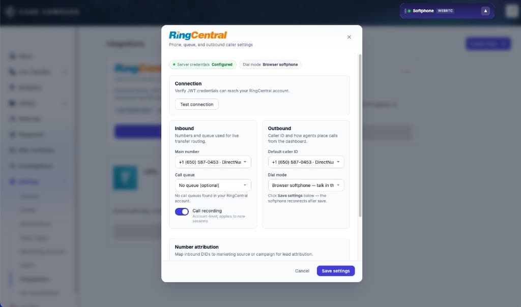 Case Compass RingCentral integration settings modal showing server credentials configured status, dial mode set to Browser softphone, inbound main number plus 1 650 587 0453, no call queue found, call recording toggle enabled, outbound default caller ID, and number attribution section