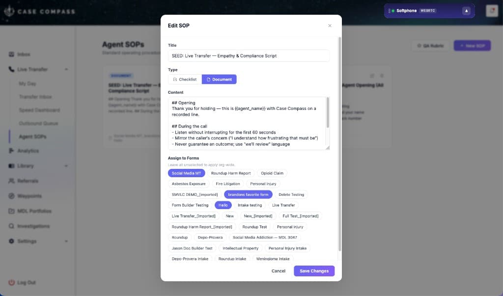 Case Compass Agent SOP editor showing a Live Transfer Empathy and Compliance Script with Document type selected, markdown content with opening script and call guidelines, and form assignment tags including Personal Injury, Social Media, and Live Transfer forms