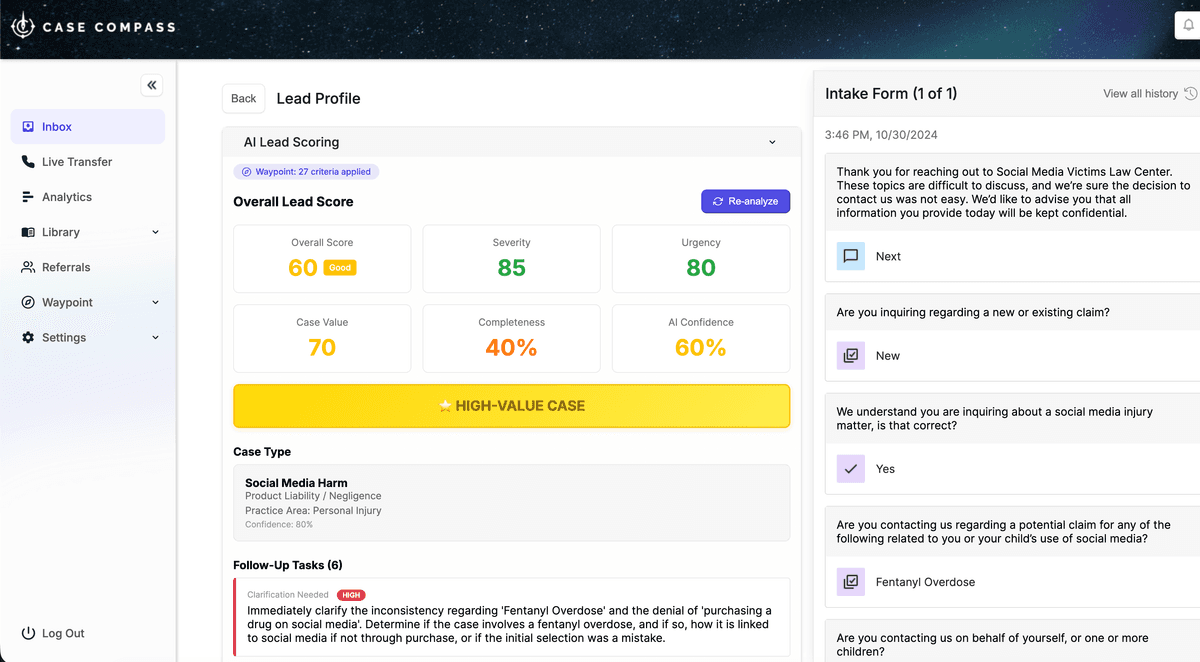 AI lead scoring for mass tort intake