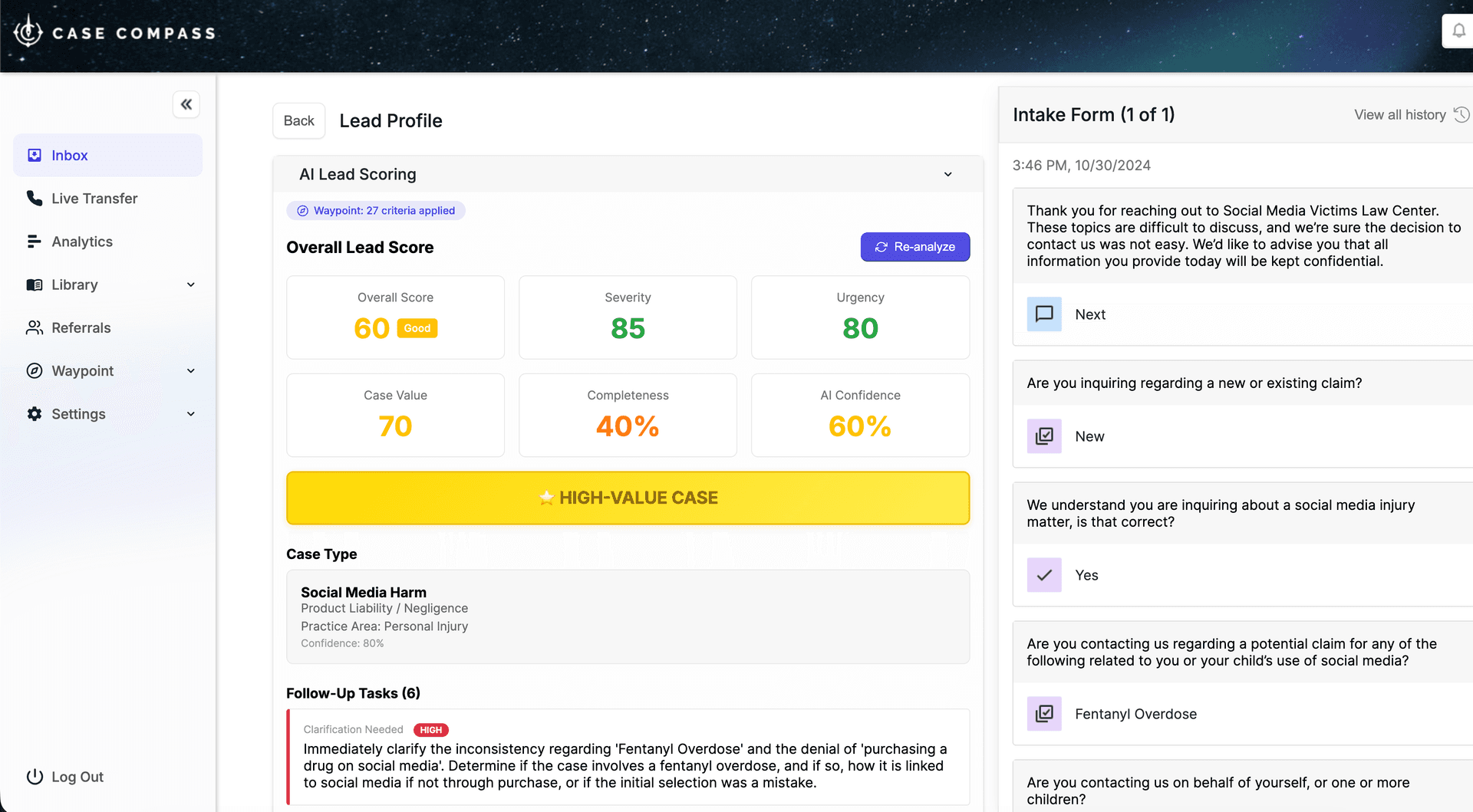 Case Compass AI lead scoring for Social Media Harm — Waypoint scoring with HIGH-VALUE CASE flag and live intake conversation