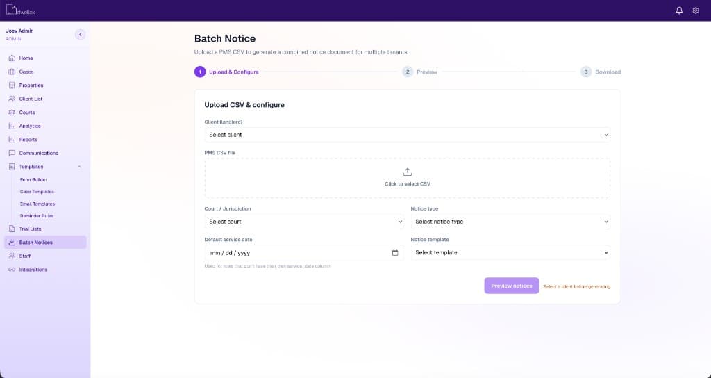 Dwellex batch notice generator — upload a PMS CSV to produce one combined notice document for multiple tenants