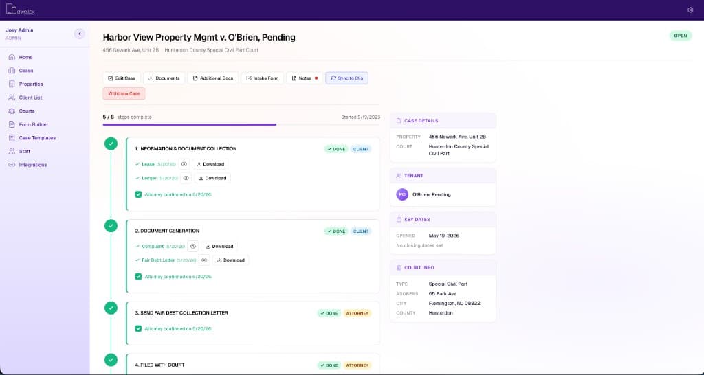 Dwellex case timeline tracker showing step-by-step progress