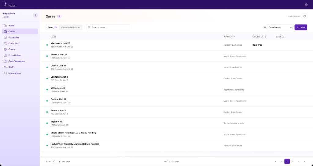Dwellex cases list showing all open eviction cases with court dates
