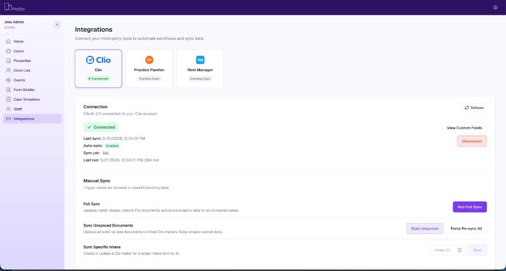 Dwellex Clio integration showing connected status and sync options