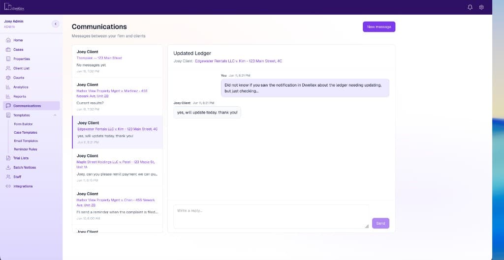 Dwellex communications — case-linked message threads between firm staff and clients