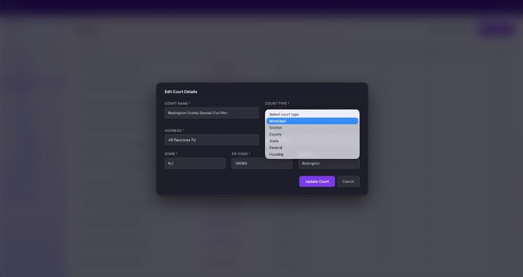 Dwellex court management — edit court details including court type, jurisdiction, and per-notice expiration rules