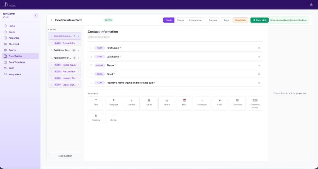 Dwellex intake form builder with drag-and-drop fields