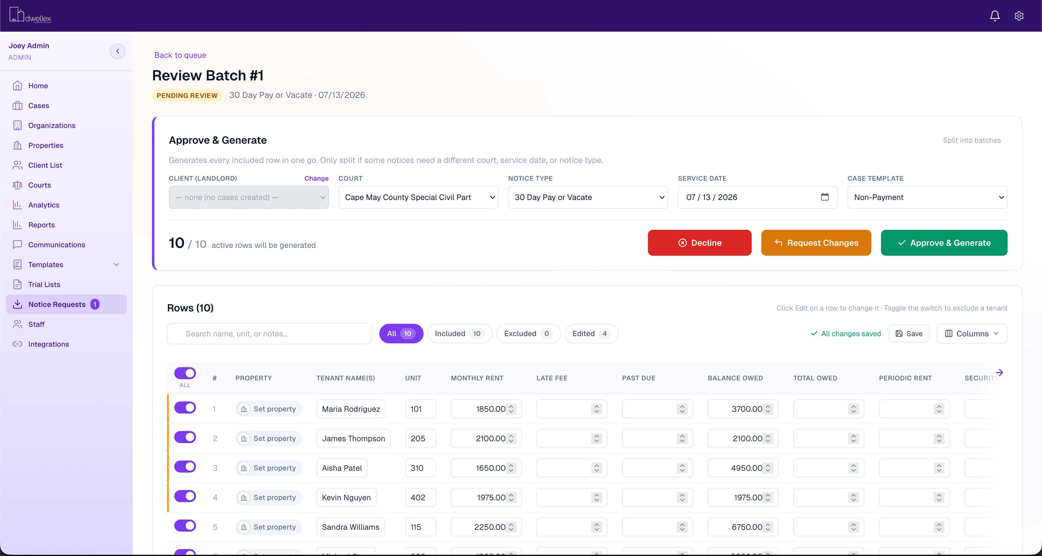 Dwellex batch notice review — approve and generate court-ready notices from a CSV intake
