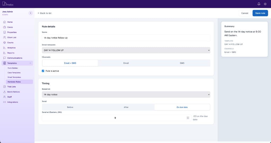 Dwellex reminder rules editor — automated email and SMS reminders based on notice deadlines