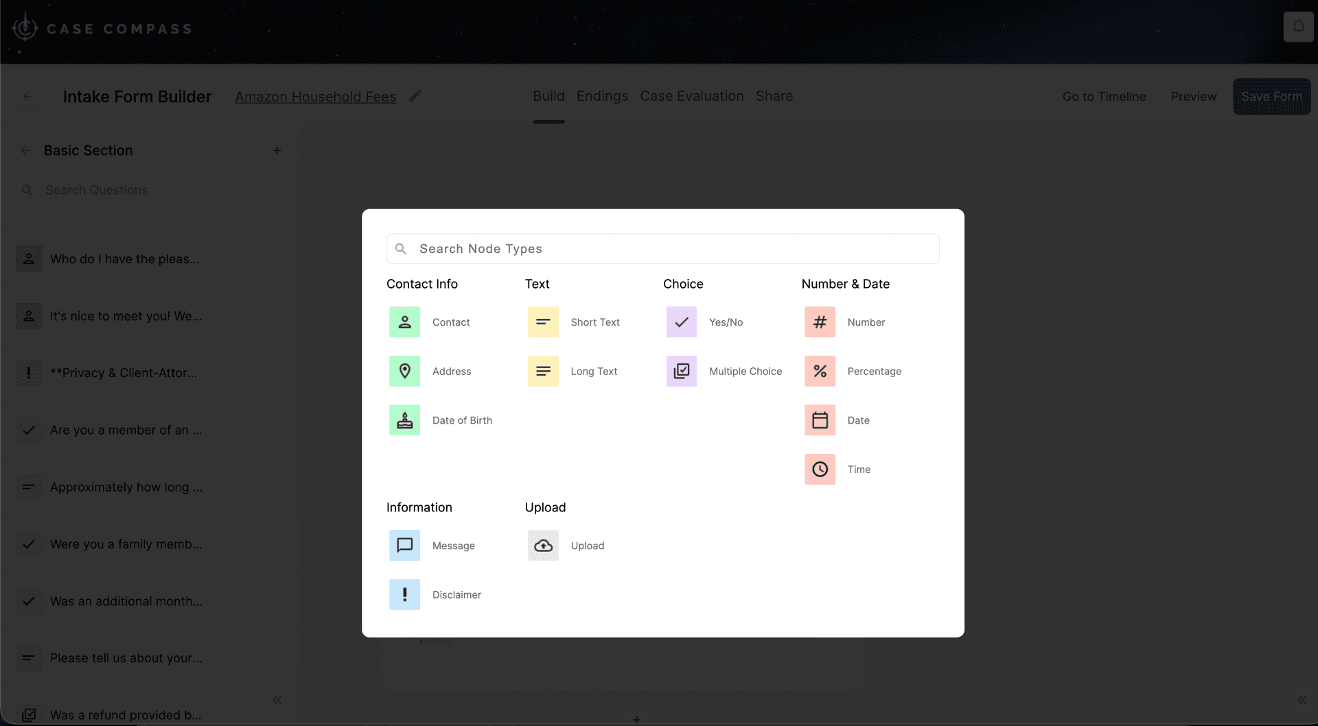 Case Compass intake form builder — drag and drop form with branching logic for mass tort intake