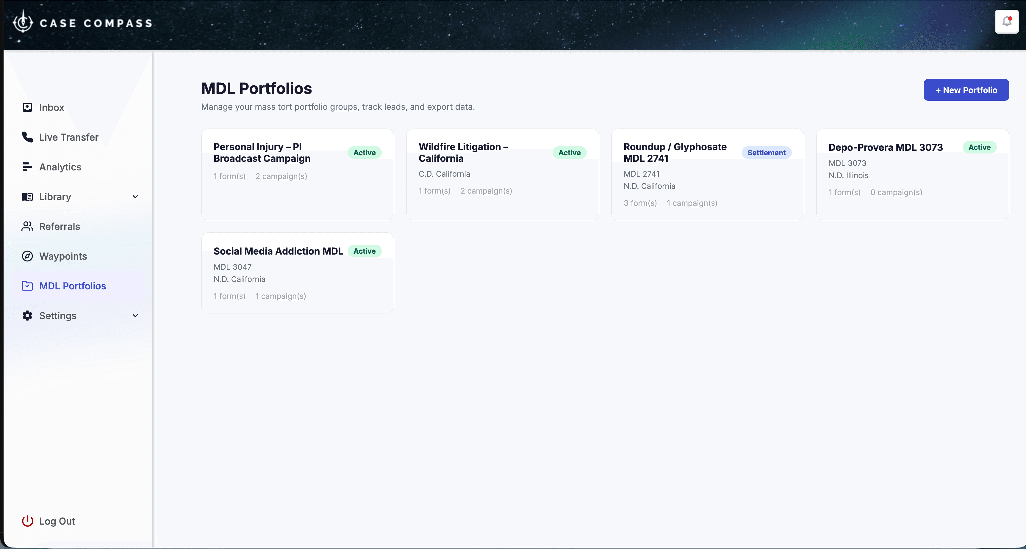 MDL Portfolio Management — portfolio list view in Case Compass