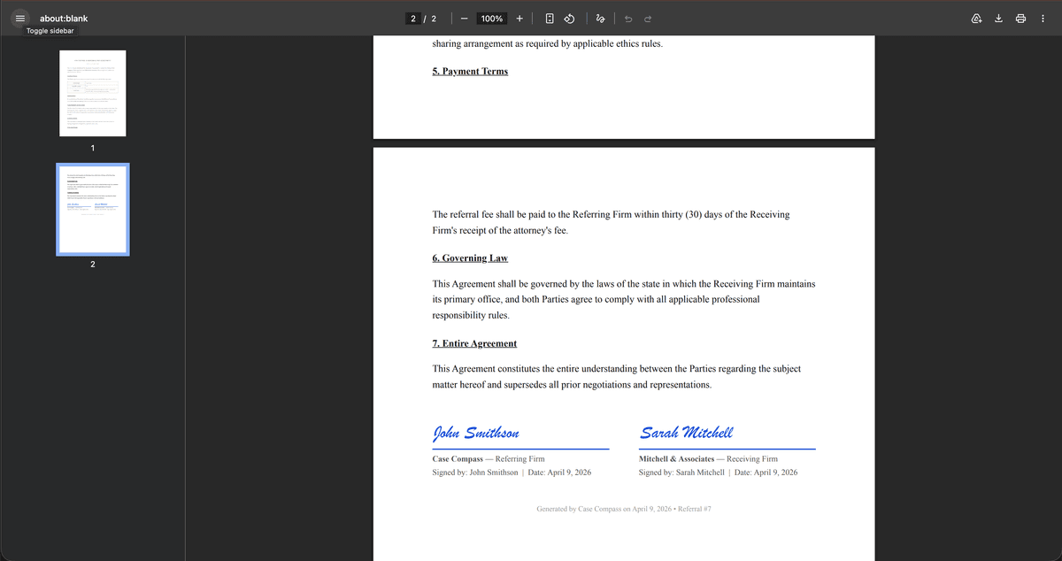 Auto-generated co-counsel fee agreement PDF with type-to-sign signatures from both firms