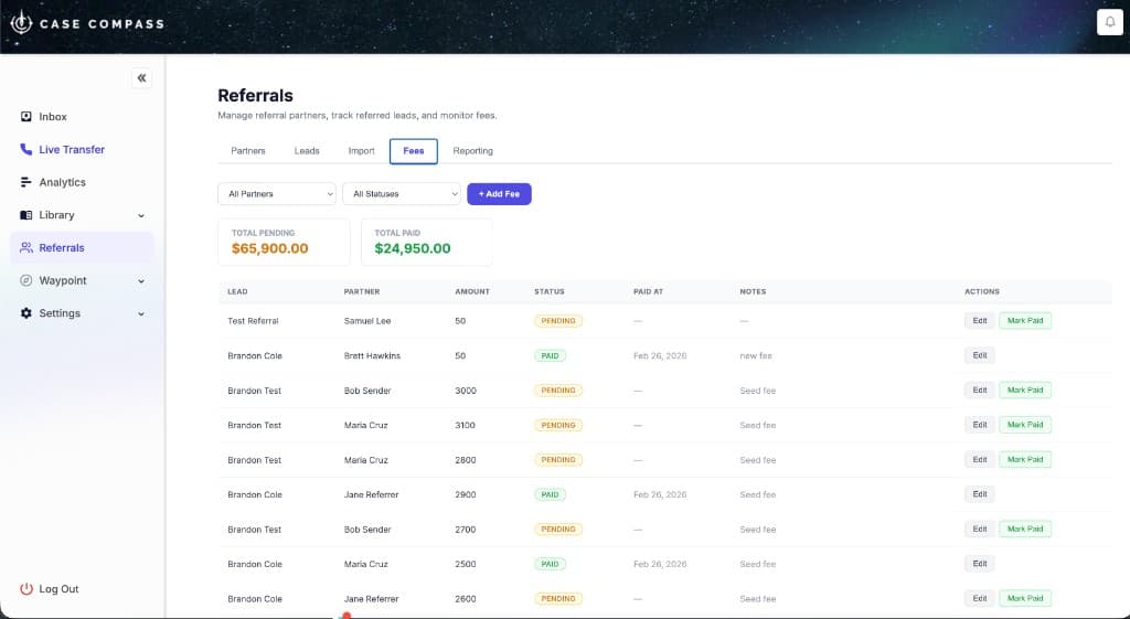 Referral partner fee tracking for mass tort
