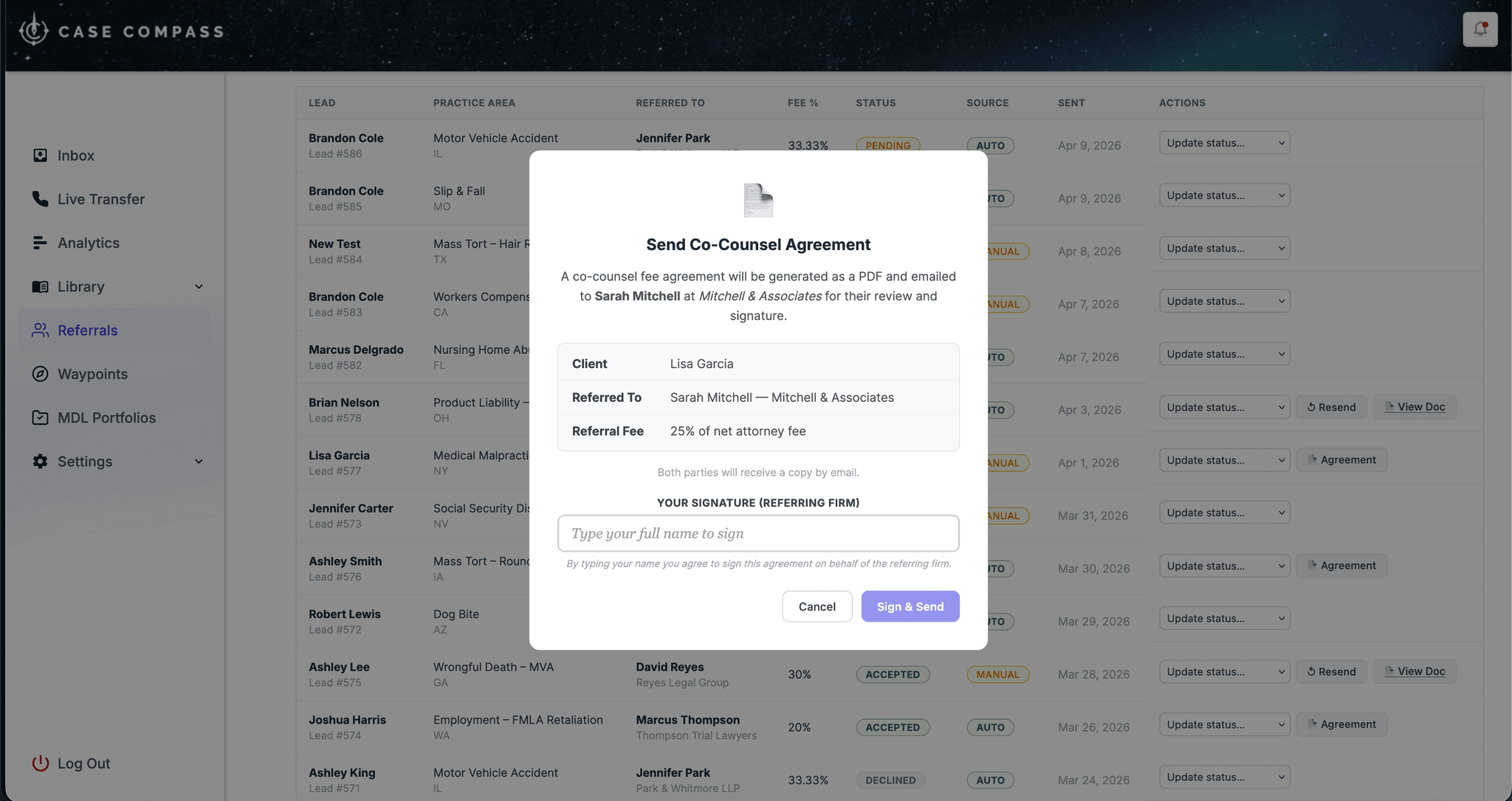 Case Compass outbound referral dashboard — send co-counsel agreement with type-to-sign modal