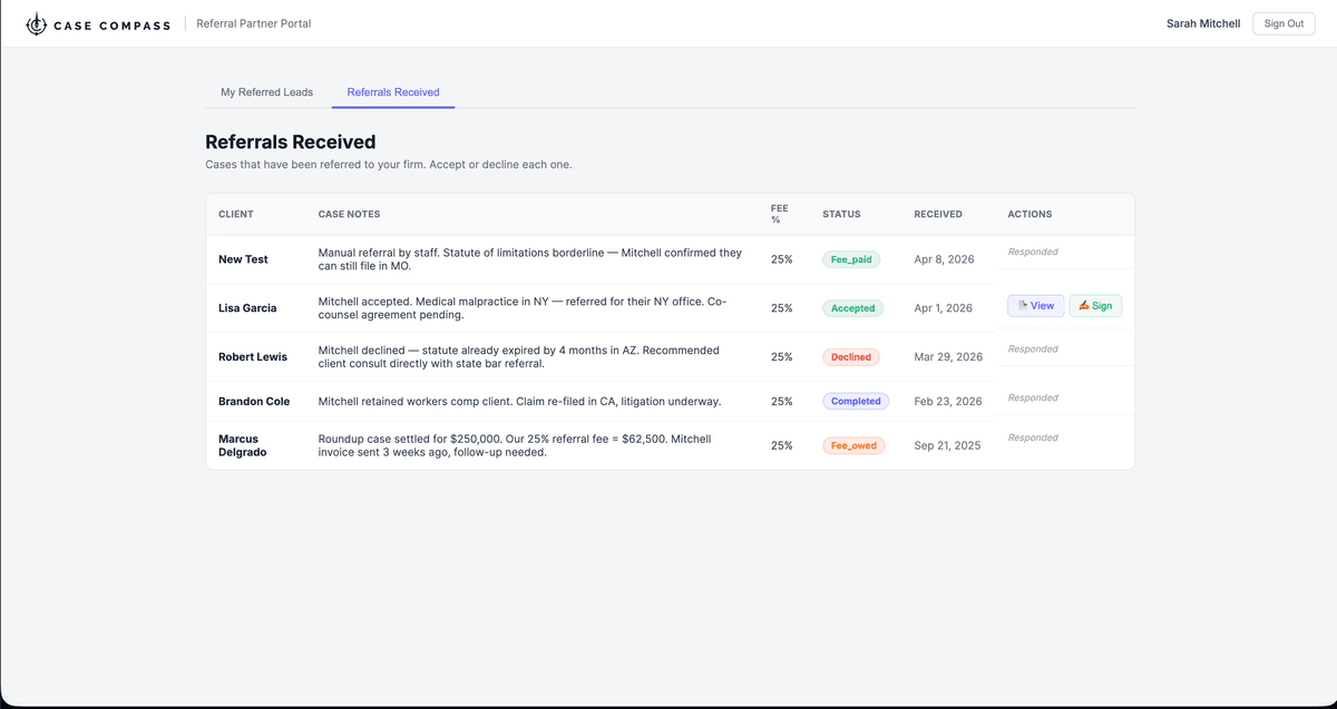 Referral partner portal — Referrals Received tab showing accept, view, and sign actions