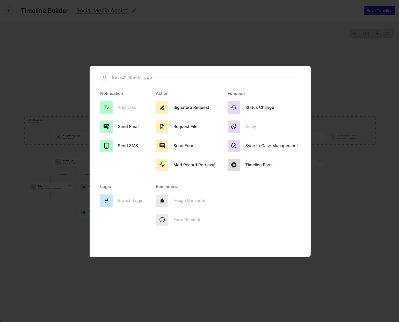 Case Compass Timeline Builder block types — Send Email, Send SMS, Signature Request, Med Record Retrieval, Branch Logic, Status Change, and more