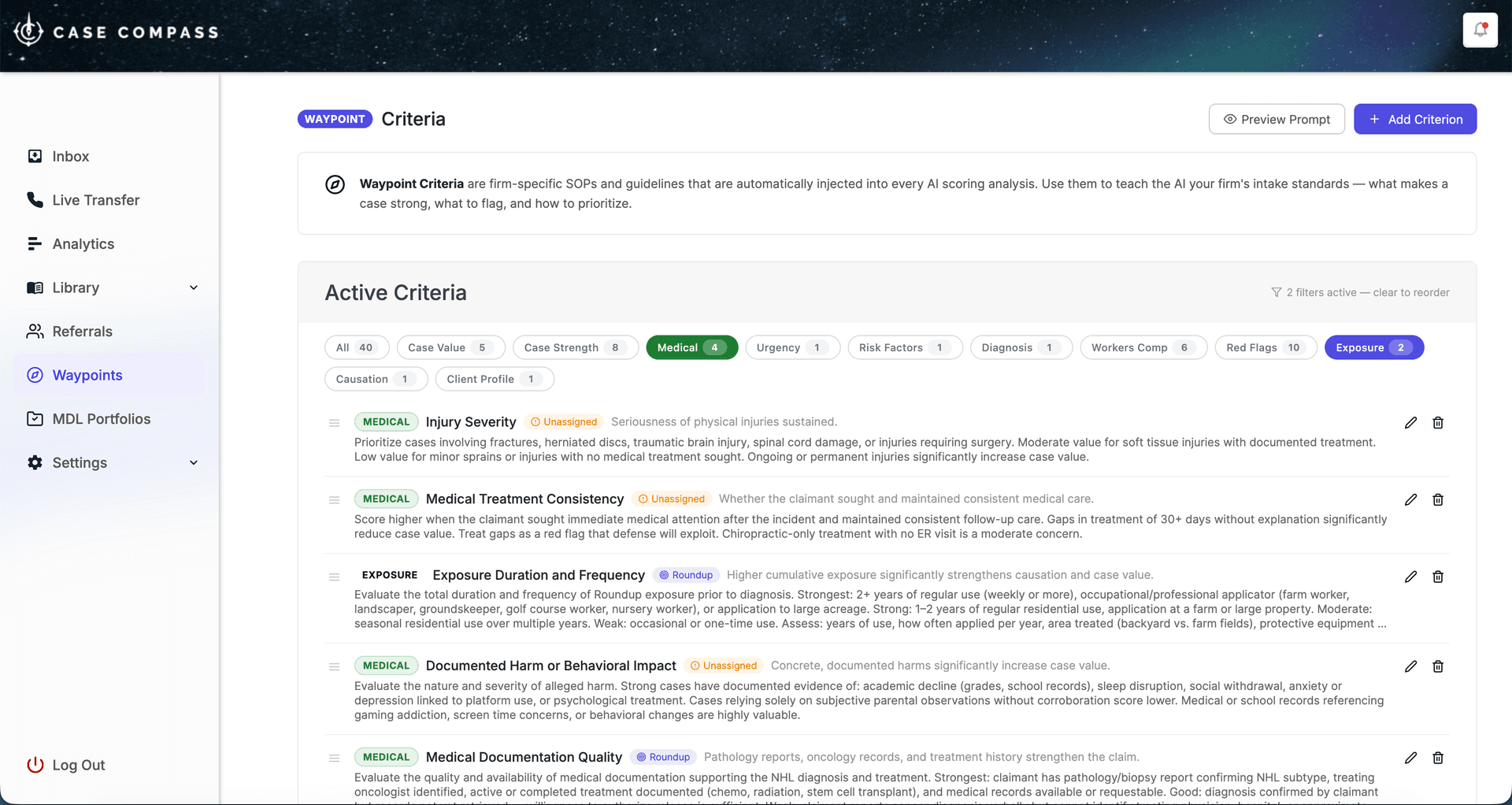Waypoint criteria management interface