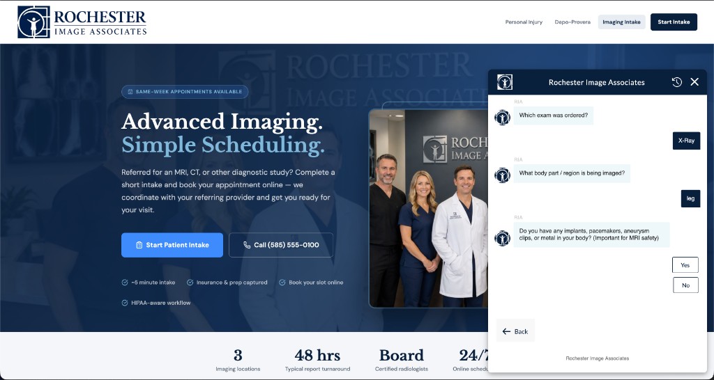 Branded patient intake portal — Rochester Image Associates